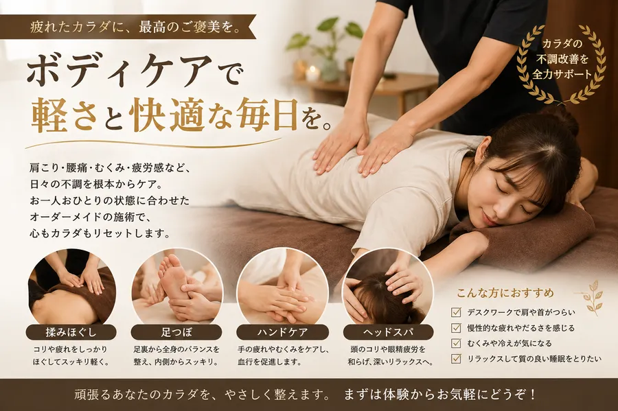 ボディケアで軽さと快適な毎日を。肩こり・腰痛・むくみ・疲労感をケア